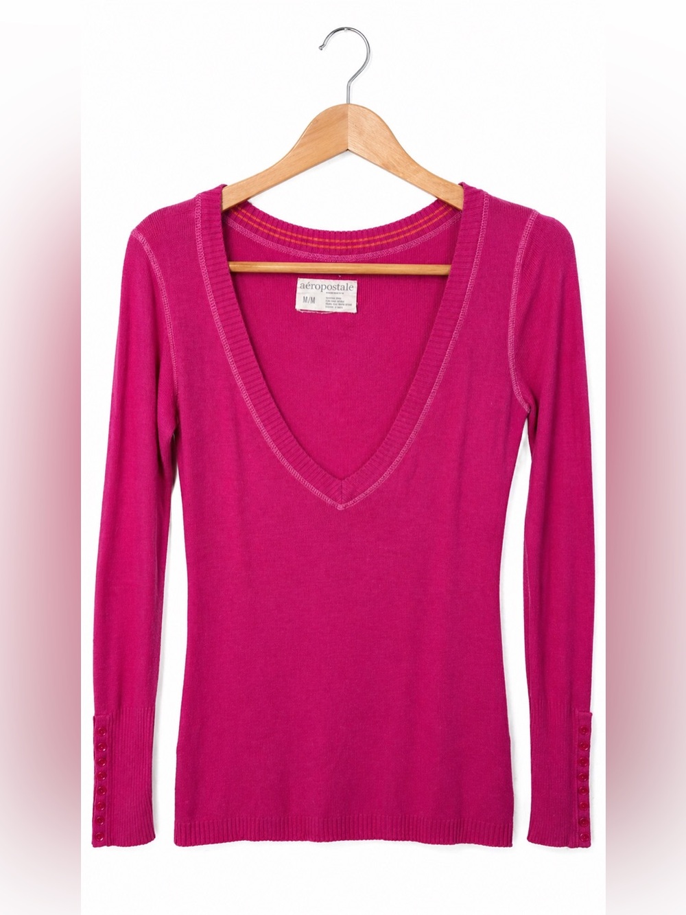 Aeropostale Fuchsia Deep V Long-Sleeve Knit Dress Medium Y2K Barbiecore